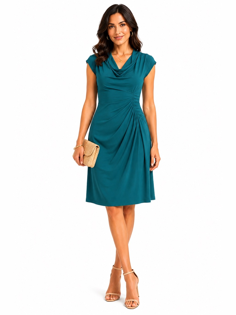 Suzi Chin for Maggy Boutique Teal Draped Cowl Neck Midi Dress CT